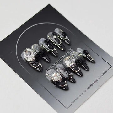 Qfdian 10Pcs luxury Black French Style Fake Nails Handmade Almond Press on Nails Rhinestone Decor Wedding Nails Tips Wearable Manicure